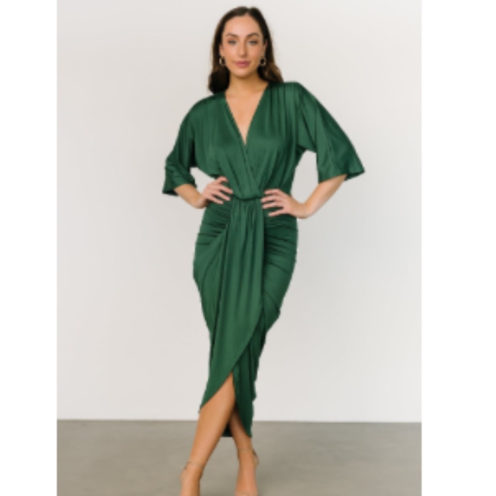 Baltic Born Mimi Green Draped V-Neck Midi Dress